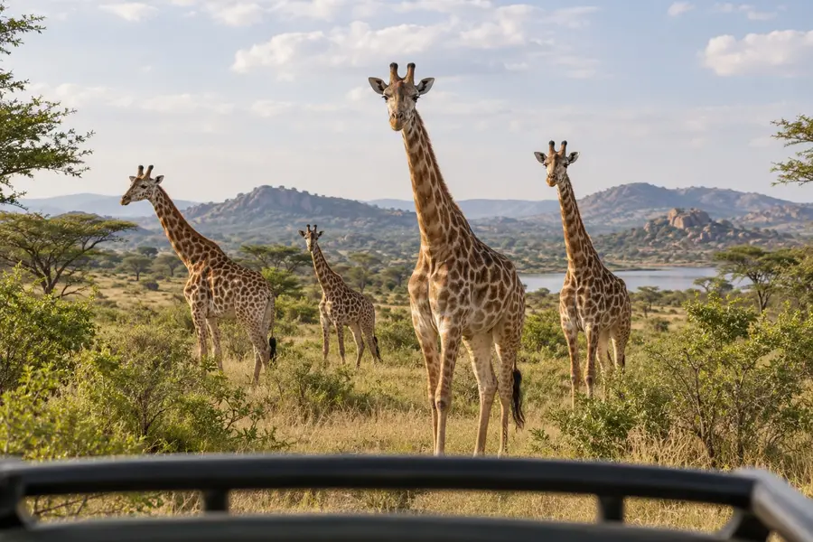 Açık bir safari aracından çekilmiş jenerik bir zürafa sürüsünün görselleştirmesi, Dubai Safari Parkı ziyaretini simgeliyor.