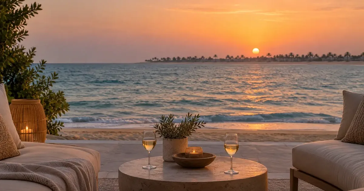 Palm Jumeirah yönündeki deniz manzarasına bakan jenerik plaj suit terası; görselleştirme
