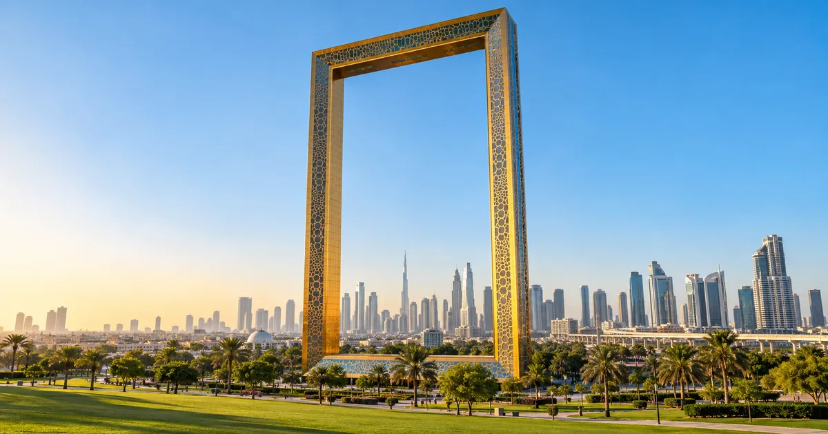 Park yeşilliğinin üzerinde yükselen altın renkli dev çerçeve yapısı, arkada Dubai silueti; görselleştirme