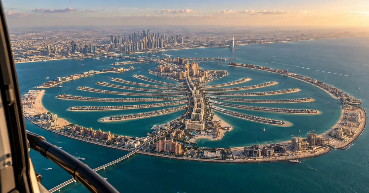 Helicopter flying over Palm Jumeirah and the Dubai shoreline in late afternoon light; visualisation