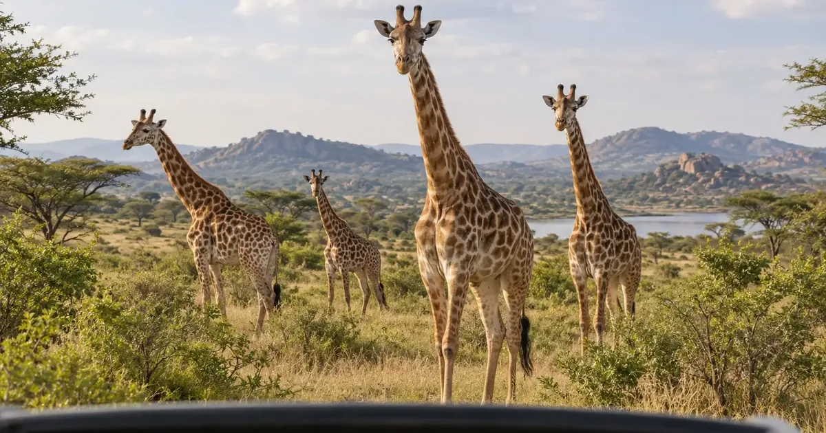 Açık bir safari aracından çekilmiş jenerik bir zürafa sürüsünün görselleştirmesi, Dubai Safari Parkı ziyaretini simgeliyor.