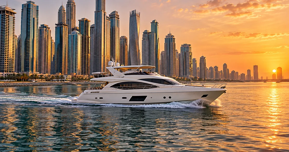 Dubai Marina gökdelenleri önünden gün batımında geçen yat; görselleştirme