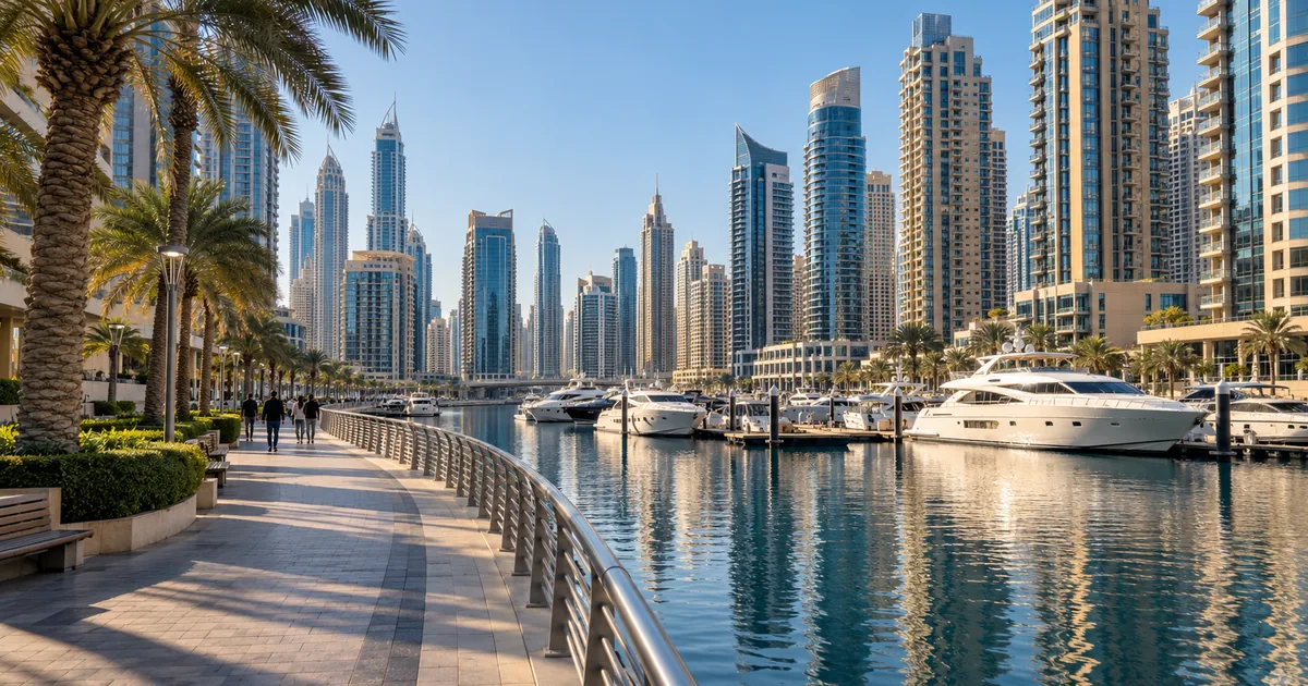 Kış ışığında Dubai Marina yürüyüş yolu ve gökdelenler, gökyüzü açık; görselleştirme